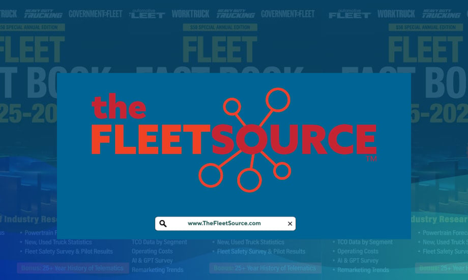 A blue Fleet Source graphic has the logo overlaying a square blue box, with opaque, transparent Fleet Fact Book covers laid behind it.