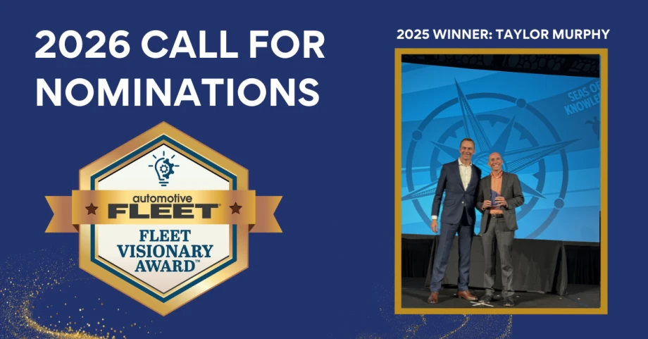 Graphic announcing 2026 Fleet Visionary Award nominations with blue background and award badge, highlighting innovation and leadership in fleet management.