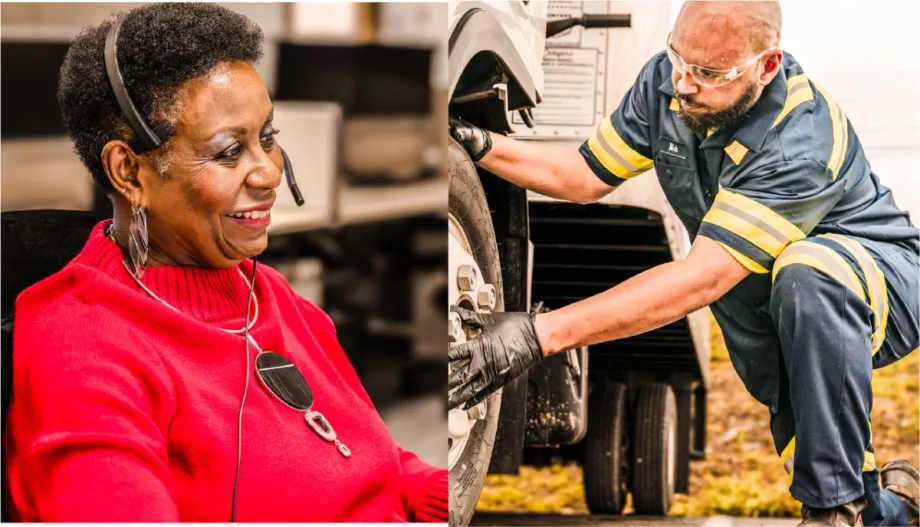 Photo montage of a courteous, friendly call service rep and a field fleet technician replacing a flat tire on a fleet truck.
