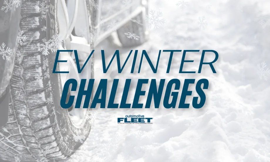 A the bottom of a car and its tires in snow with text that reads "EV Winter Challenges".