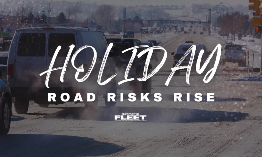An image of a snowy town road with cars driving. Text overlayed reading "Holiday Road Risks Rise".