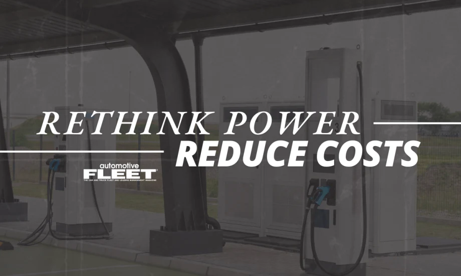 An image of an electric vehicle charging depot in the background overlayed with the text "Rethink power, Reduce Costs".