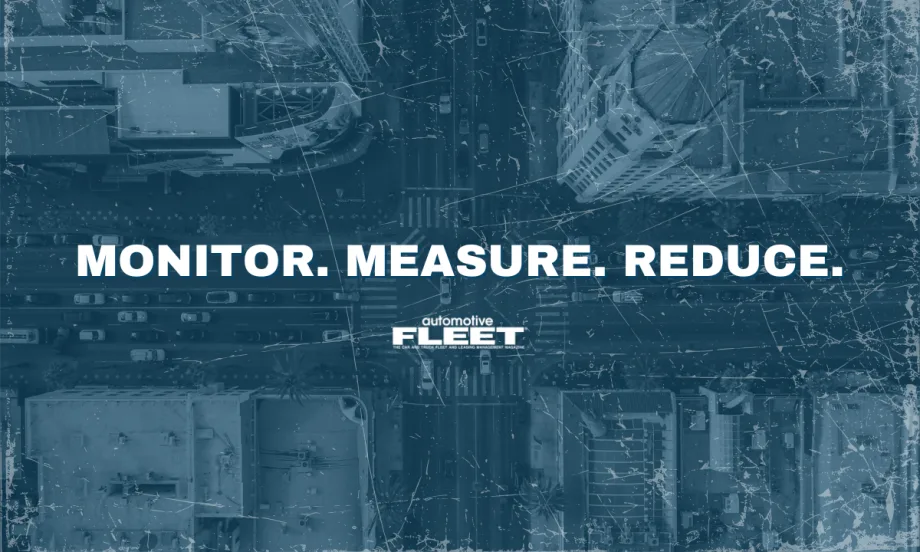 A blue and white graphic with an aerial view of a street in the background and text reading "Monitor. Measure. Reduce."