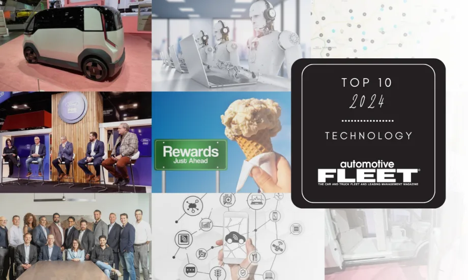 A collage of images from the top technology stories on Automotive Fleet's website. Text overlay on the right side reads "Top 10 2024 - Technology".