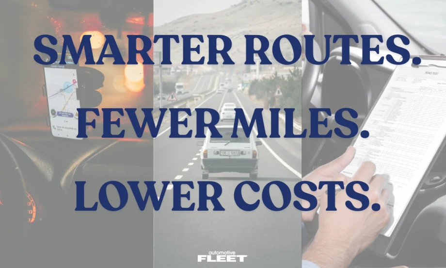 Split image showing GPS navigation in a vehicle, highway traffic, and a driver reviewing a route sheet, with text overlay about smarter routes, fewer miles, and lower fleet costs.