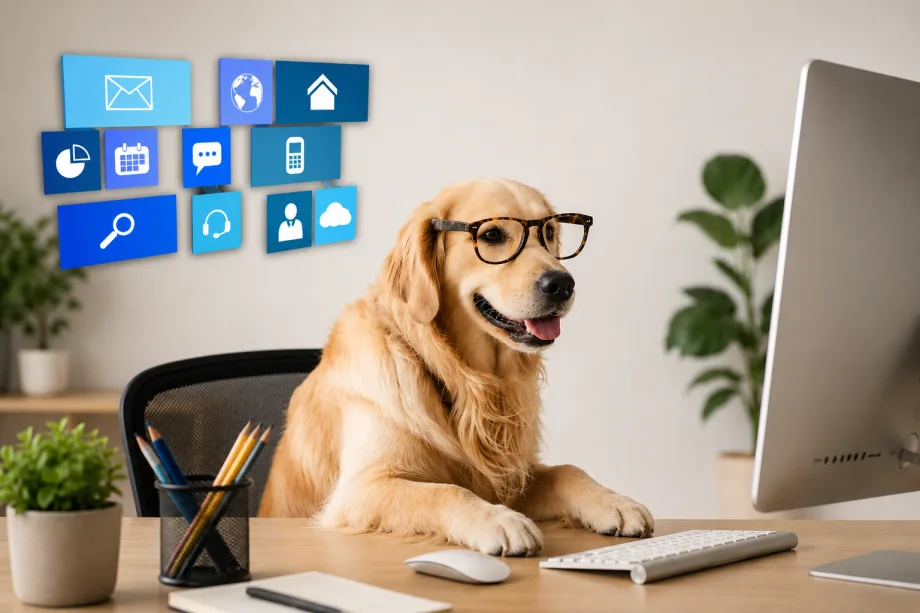 A dog sits at a desk and vibe codes