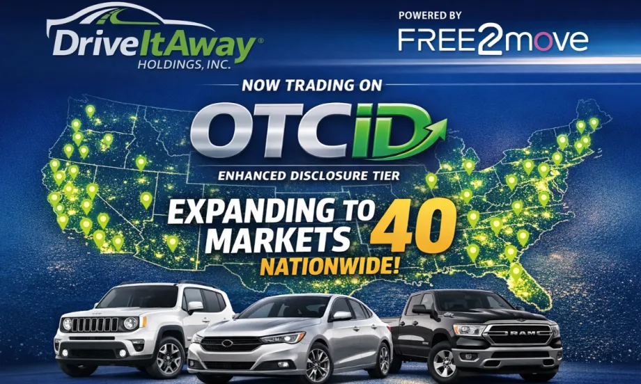 Map of the U.S. highlighting participating DriveItAway dealerships behind three fleet vehicles.