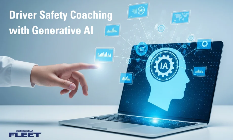 A hand points at an AI graphic outlining Lytx's new AI-powered driver coaching program.