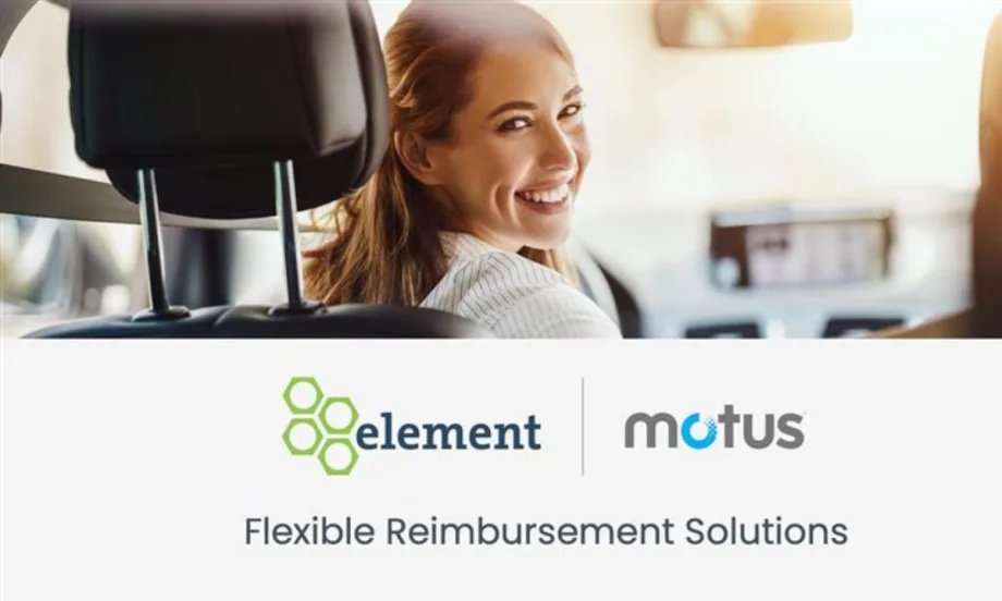 Smiling woman in the driver’s seat looking back, representing a positive driving experience. Below are logos for Element and Motus with the tagline “Flexible Reimbursement Solutions.