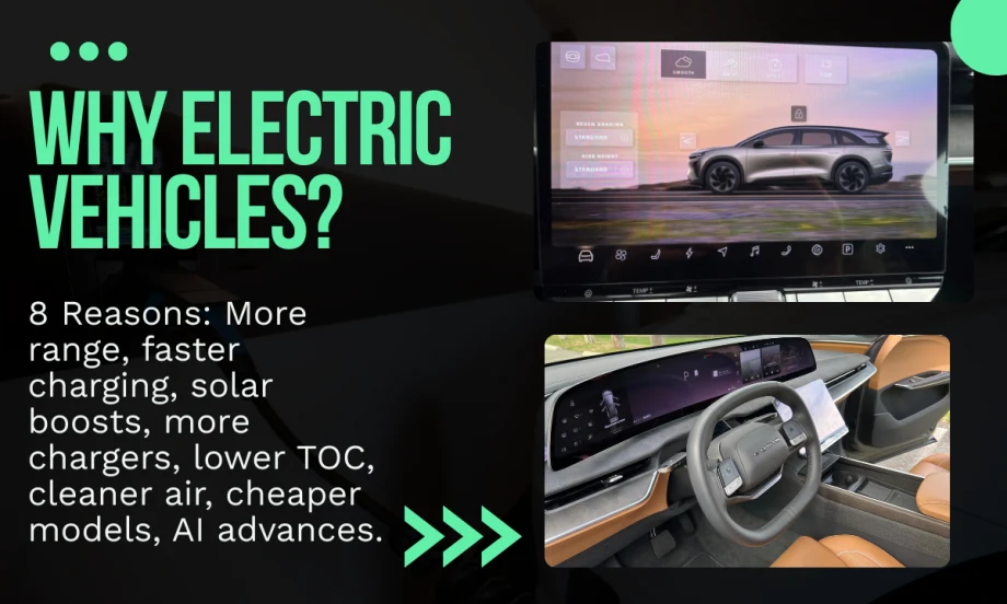 Interior dashboard photos of a Lucid Gravity designed into a graphic listing why electric vehicles are still viable.