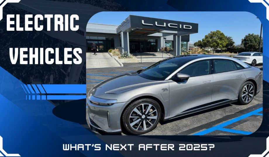 A Lucid Air parked in front of a Lucid dealership.