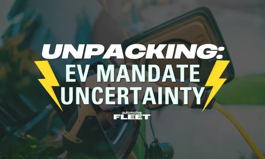A close up image of an electric vehicle plugged into a charger with text reading "Unpacking: EV Mandate Uncertainty".