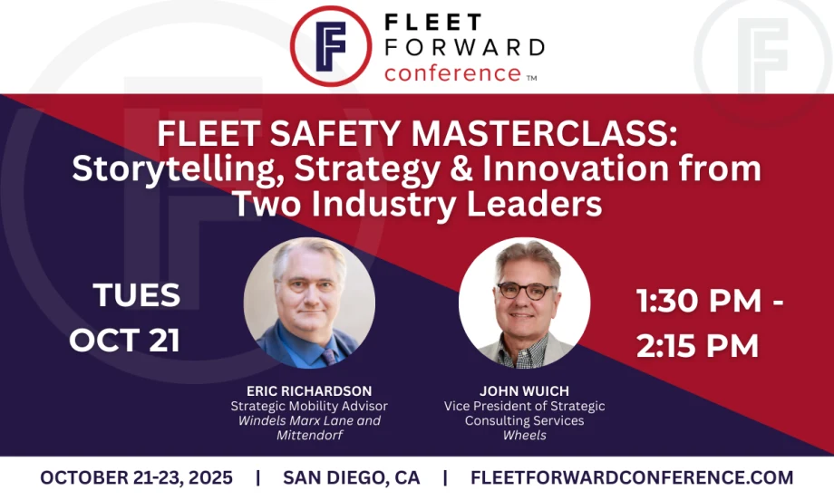 Fleet Safety Masterclass session graphic, titled ‘Storytelling, Strategy & Innovation from Two Industry Leaders,' with headshots of Eric Richardson and John Wuich.