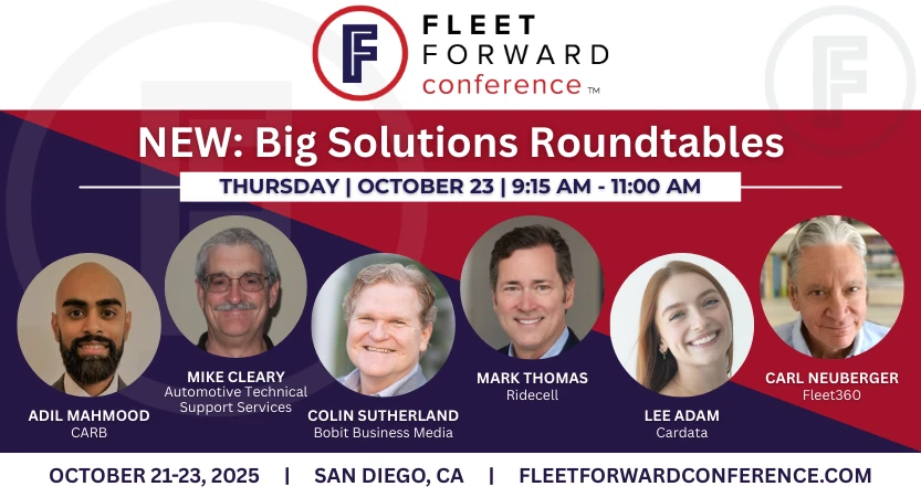 A Fleet Forward graphic listing all of the moderators for a roundtable discussion.