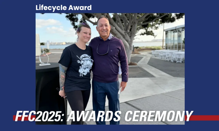 A Fleet Forward graphic highlighting Bobit's Lifecycle award; Rob Minton and Lauren Fletcher pose at this year's award ceremony in San Diego.