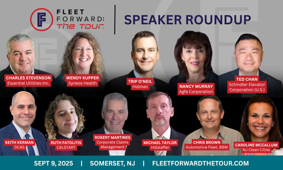 Graphic promoting Fleet Forward: The Tour speaker roundup, featuring headshots of 10 confirmed speakers with their names and companies, scheduled for September 9, 2025, in Somerset, NJ.