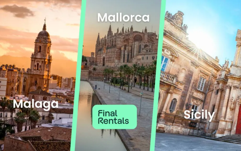 Iconic collage with scenes of Malaga, Mallorca, and Sicily.