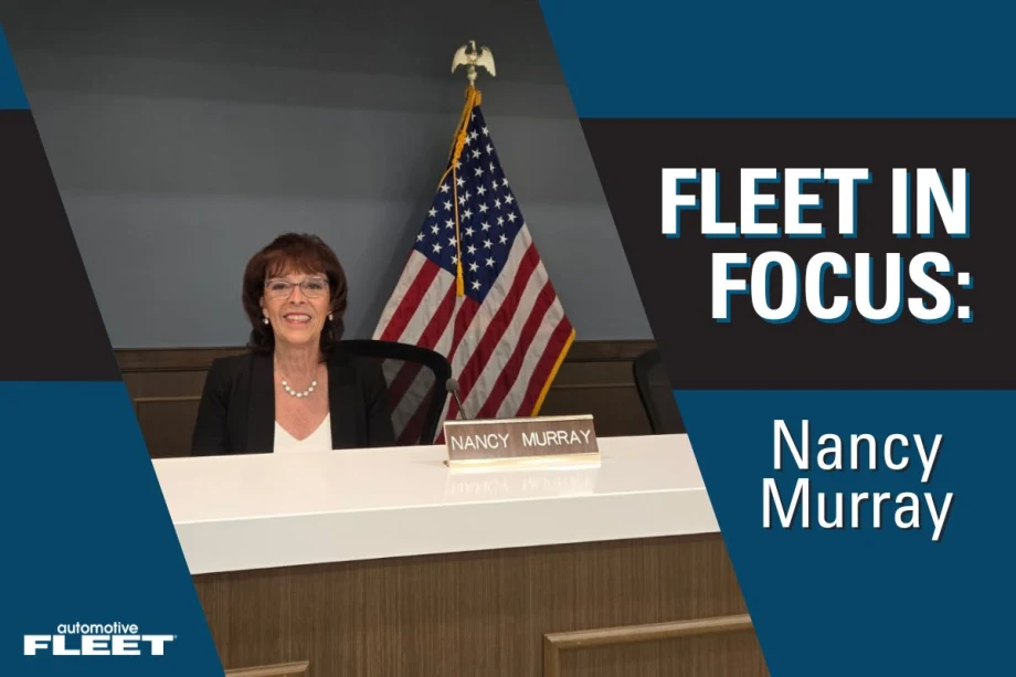 A blue Fleet in Focus graphic with Nancy Murray sitting behind a desk, smiling at the camera.