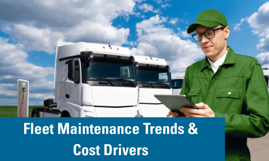 A fleet maintenance graphic with a man on the right side holding a clipboard.