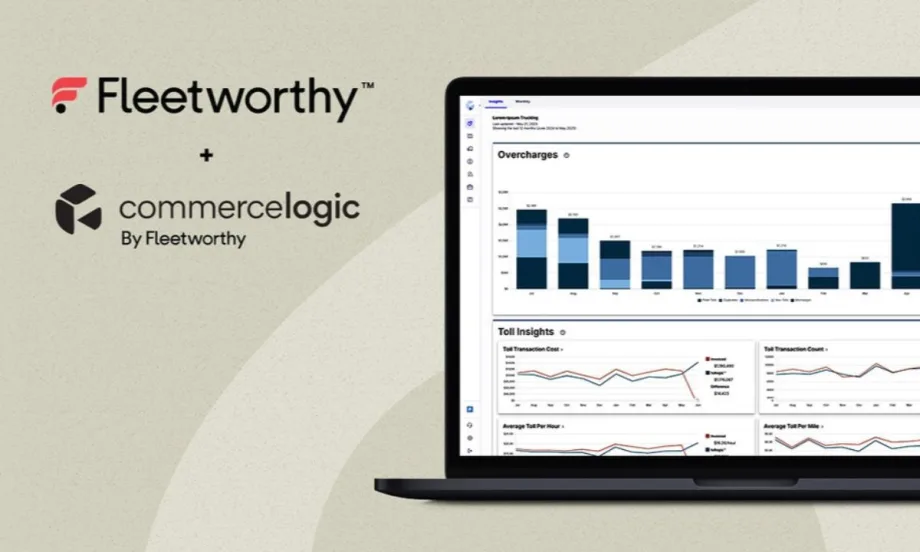 Fleetworthy and Commercelogic by Fleetworthy logos on the left, alongside a laptop displaying fleet management dashboard charts including overcharges, toll insights, and transaction data visualization