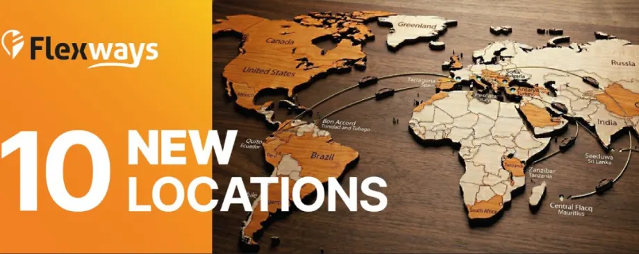 A world map with Flexways logo and new locations headline.