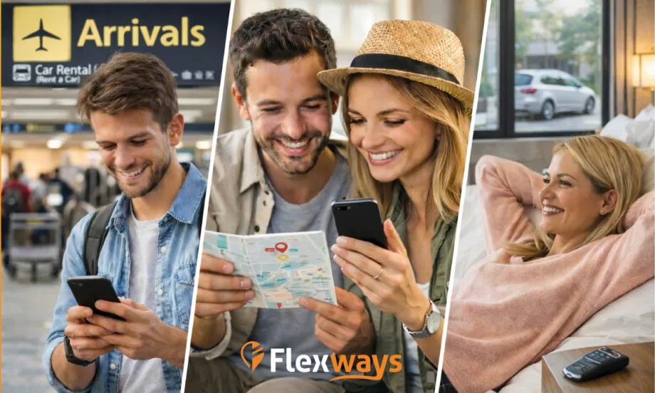 Joyful travelers looking at the customer service on their phones.