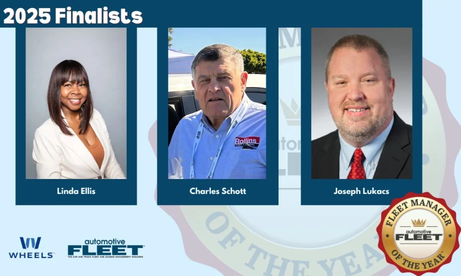 Graphic announcing the 2025 Fleet Manager of the Year finalists. It features professional headshots of three finalists: Linda Ellis, Charles Schott, and Joseph Lukacs.