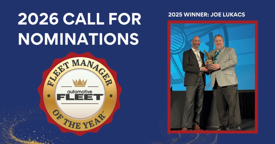 Graphic promoting 2026 nominations for the Automotive Fleet Manager of the Year Award, featuring a badge and a photo of the 2025 winner receiving the honor on stage.