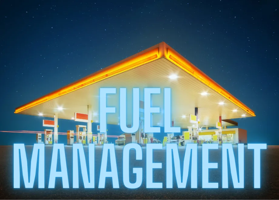 A fuel station at night with FUEL MANAGEMENT in large text.