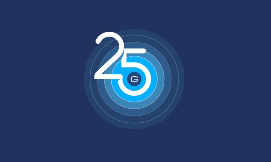 Stylized number 25 in white over a series of concentric blue circles with a small 'G' in the center, set against a dark blue background.