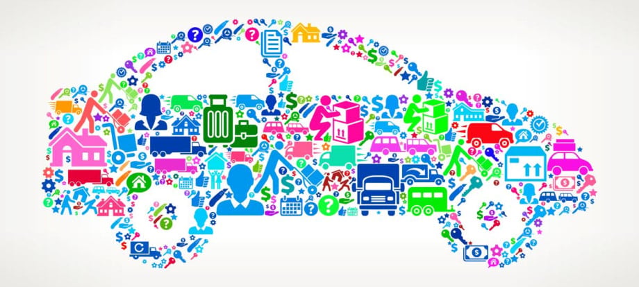 Illustration of a car with work icons forming the car.