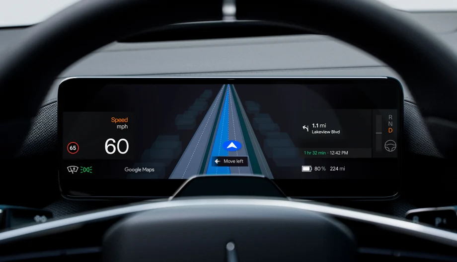 Polestar 4 uses the new Google Maps' new live lane guidance, set behind a steering wheel.