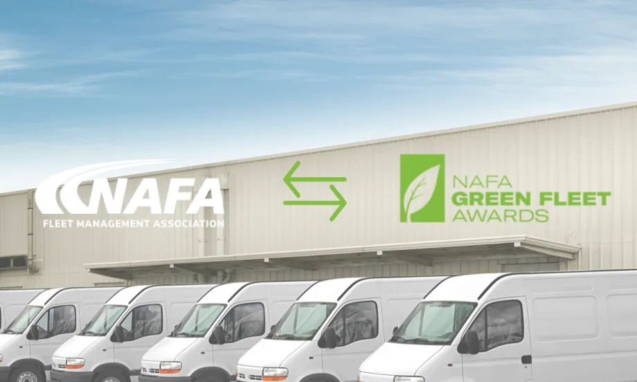 A row of white fleet vans with the NAFA and Green Fleet Awards logos over it.