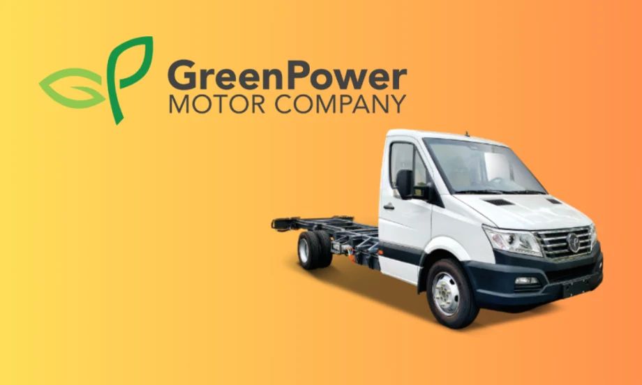 An orange GreenPower motor company graphic with a chassis in the bottom right corner.