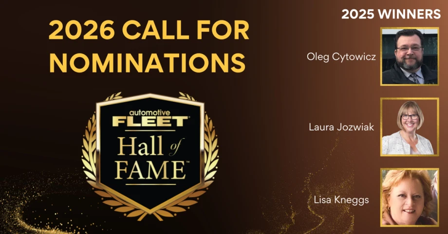 Graphic announcing 2026 Automotive Fleet Hall of Fame nominations with gold emblem and photos of 2025 winners Oleg Cytowicz, Laura Jozwiak, and Lisa Kneggs on a dark background.
