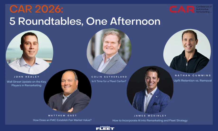 Graphic promoting CAR 2026 roundtables featuring headshots of five speakers and topics including Wall Street trends, fleet data, upfits, fair market value, and AI in remarketing.
