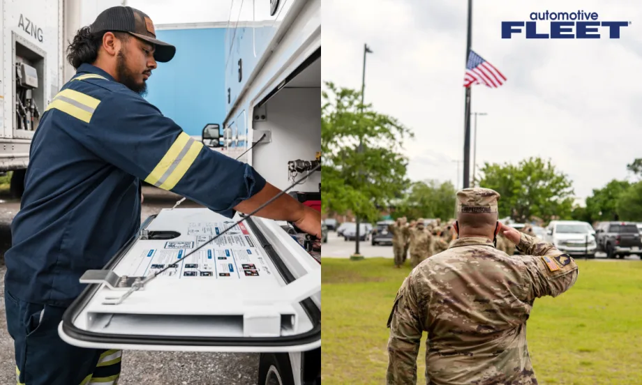A Cox Fleet technician working on the left with the rear view of a military man saluting a flag on the right