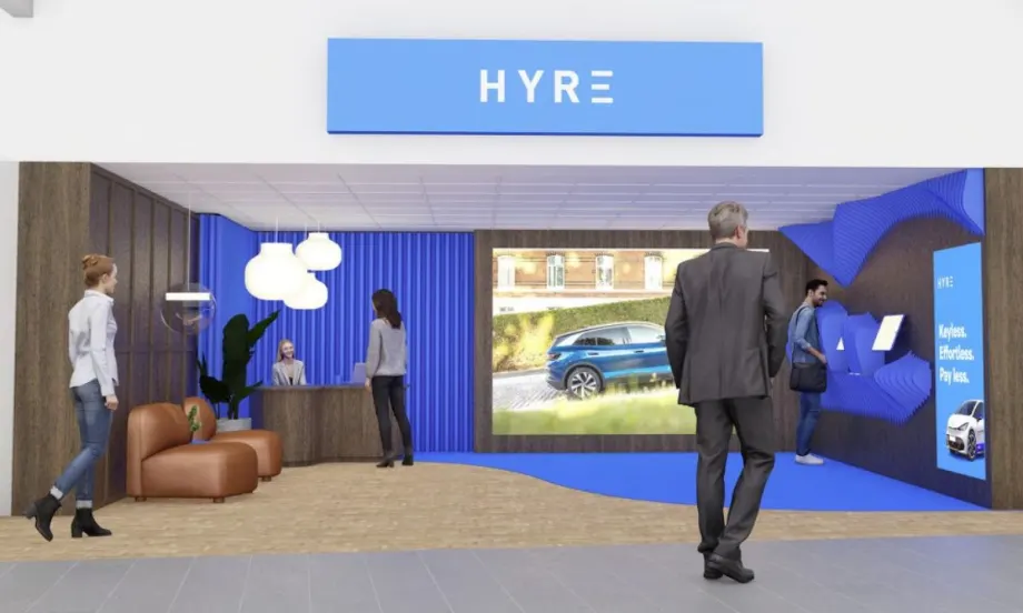 A schematic illustration of travelers visiting Hyre's rental car outlet at the Oslo airport in Norway.