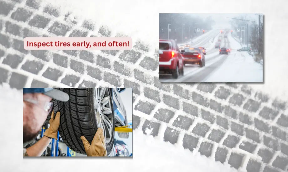 Photo of tire tracks and winter scenes.