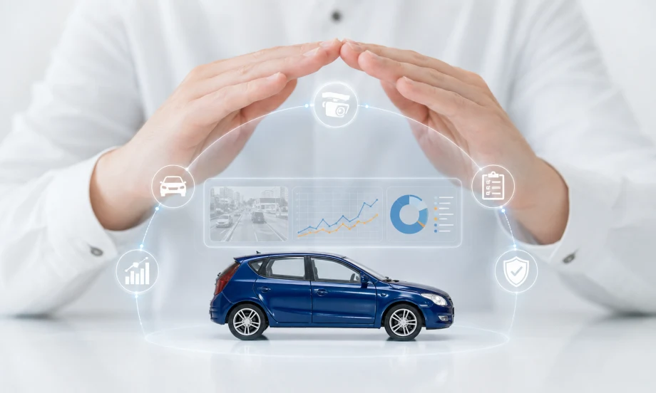 hands covering toy car with digital widgets surrounding it