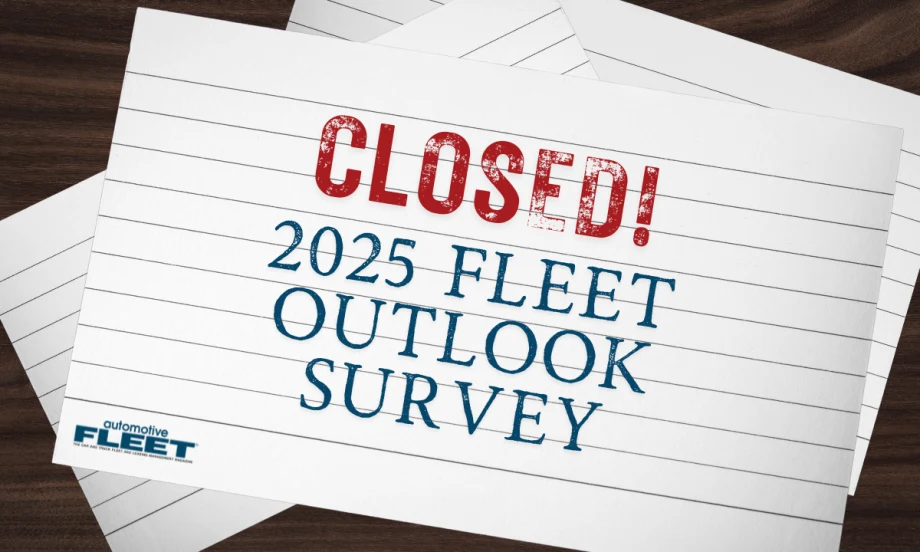 A graphic with pieces of paper on a table with text reading "Closed! 2025 Fleet Outlook Survey".