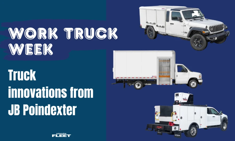 Graphic for Work Truck Week featuring work trucks from J.B. Poindexter brands, including a Jeep Gladiator-based Morgan Olson Kestrel, a Morgan box truck, and a Reading Truck service body.