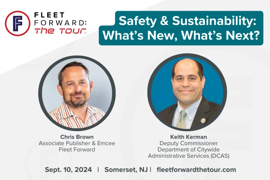 A white graphic with professional portraits of two hosts for Fleet Forward: the Tour.