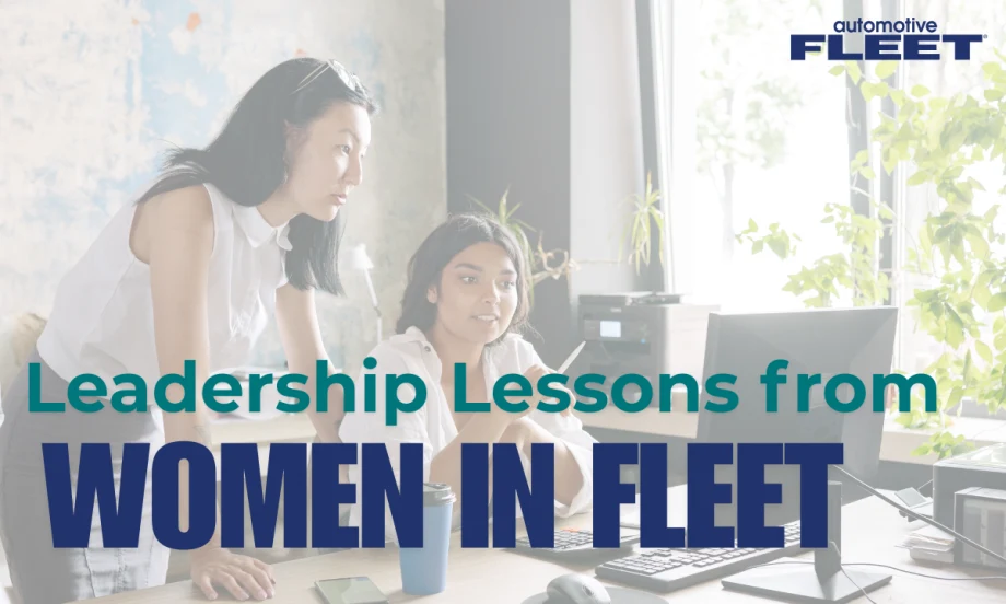 A graphic with two women looking at a computer screen represents the celebration of International Women's Day on March 8 for fleet leaders.
