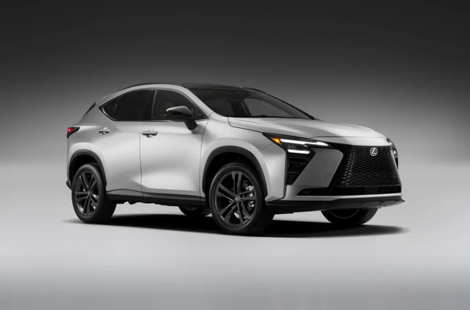 Silver 2027 Lexus NX compact crossover shown from the front three-quarter view. The updated lineup includes NX 350h hybrid and NX 450h+ plug-in hybrid models.