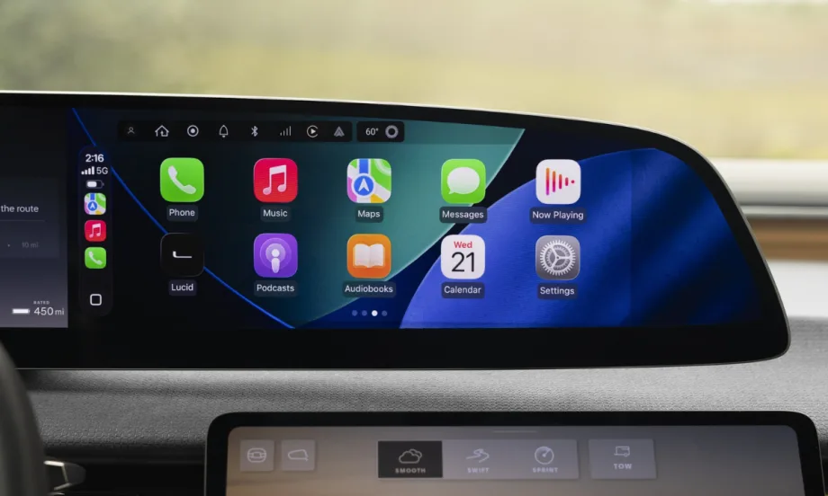 Lucid Gravity infotainment display showing Apple CarPlay interface after an over-the-air update enabling smartphone integration for navigation, messaging and media apps.