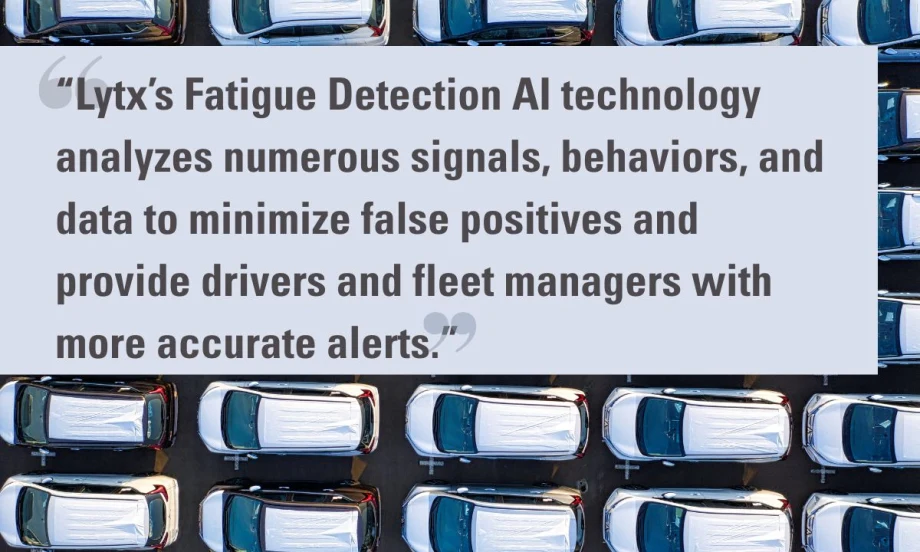 View of neatly parked white SUVs with covered windshields in a lot, overlaid with a quote promoting Lytx’s Fatigue Detection AI technology, which aims to reduce false positives and enhance alerts.