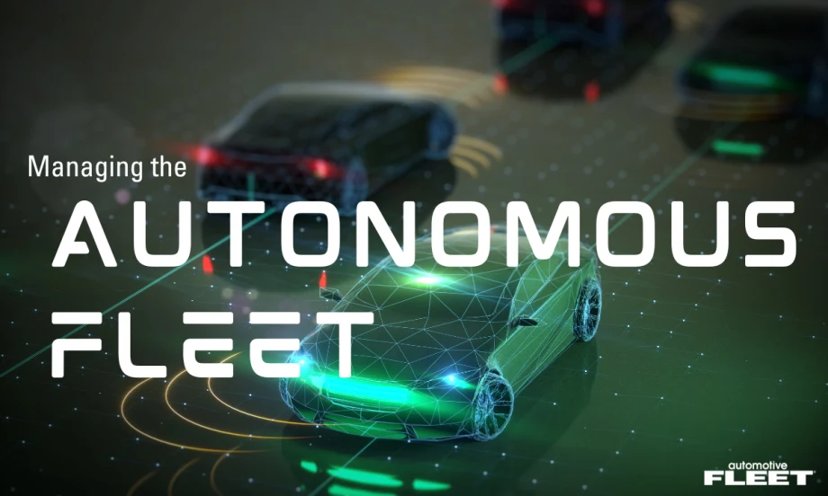 Digital illustration of autonomous vehicles connected by data networks, representing fleet management technology, AI-driven driving systems, and connected mobility in commercial fleets.