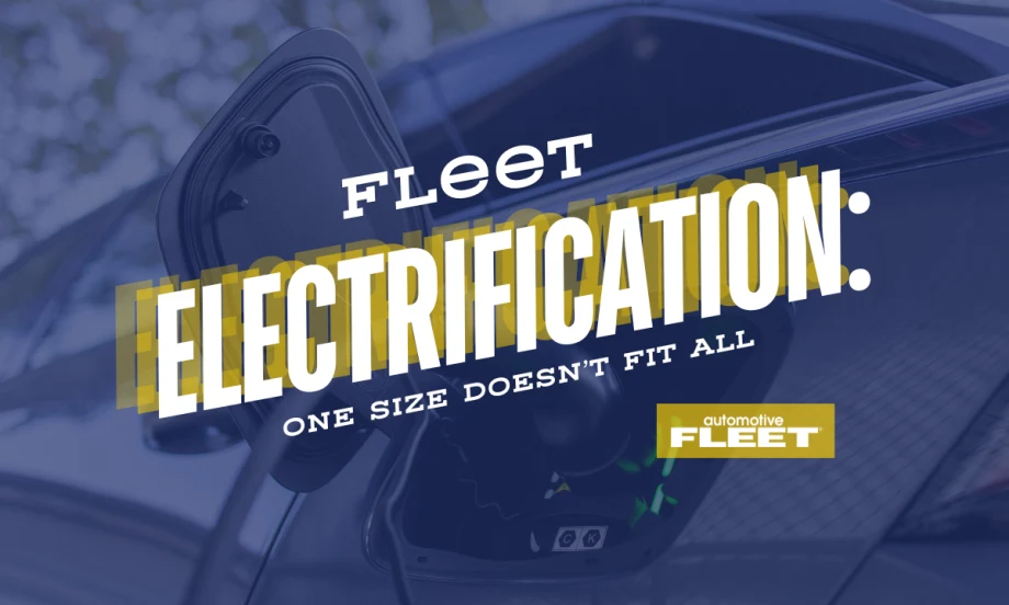 A blue, white, and yellow graphic image with text reading "Fleet Electrification: one size doesn't fit all".