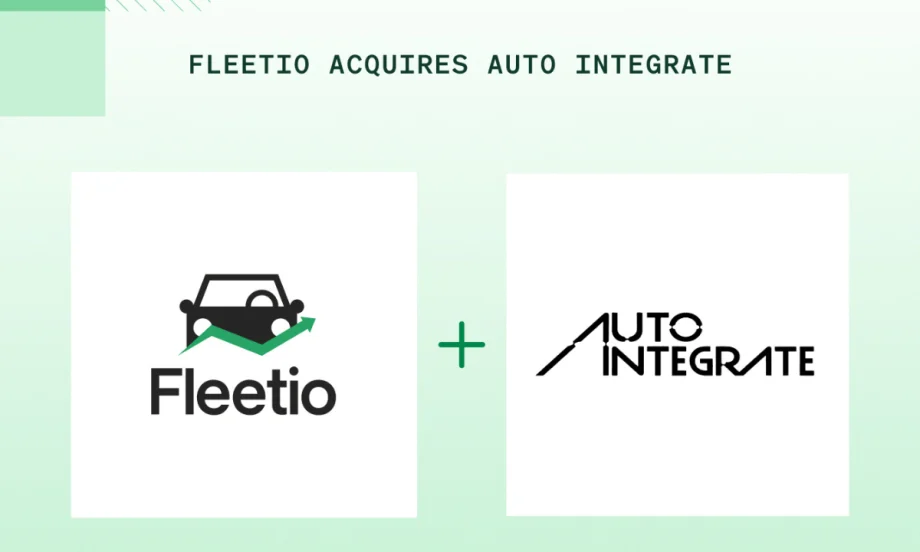 A green and white graphic with text reading "Fleetio Acquires Auto Integrate" with respective company logos.